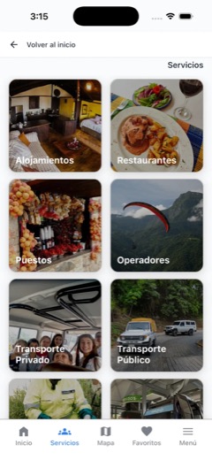 Captura de Galipán APP: categorías de servicios.