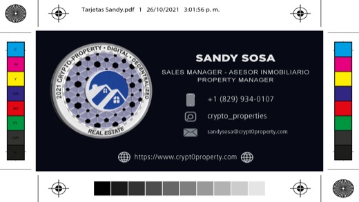 Montaje de las tarjetas de presentación de Sandy, anverso y reverso.